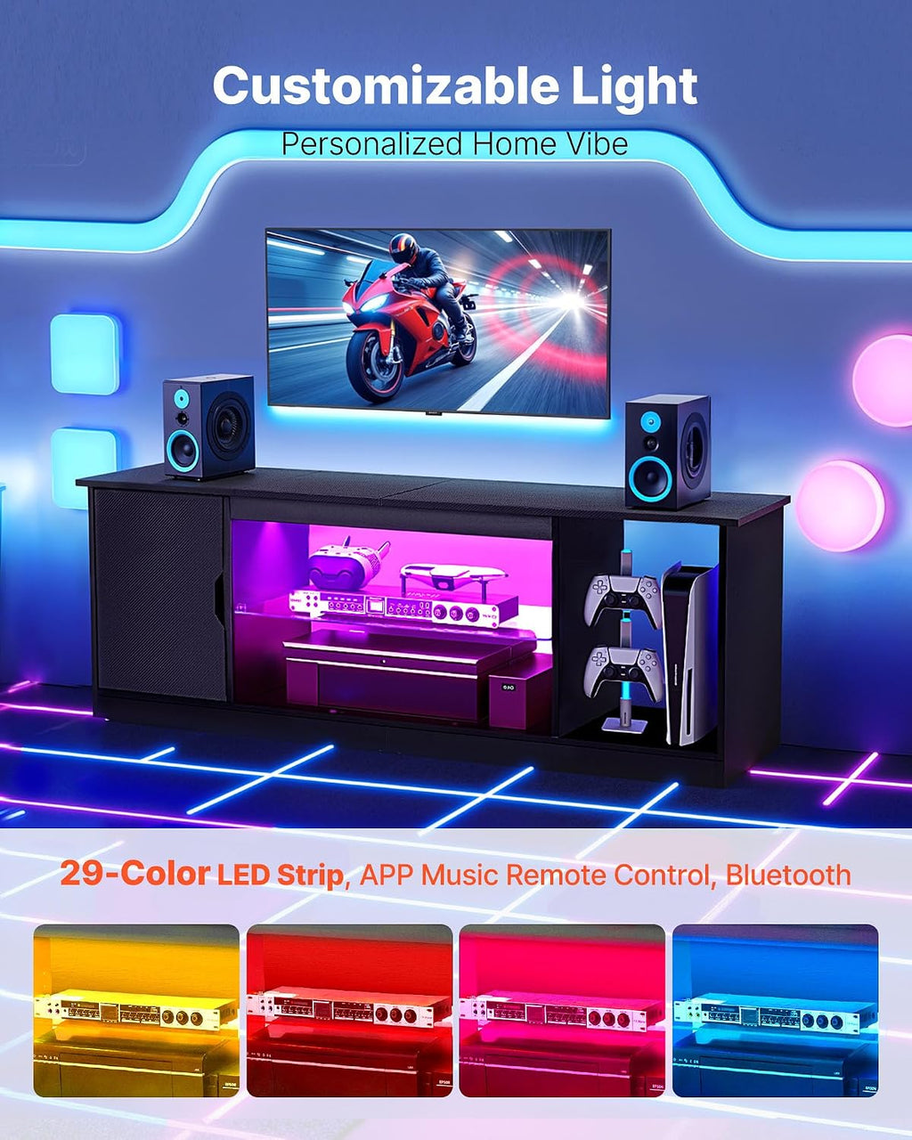 VEVOR Modern TV Stand for 65 inch TVs, LED Entertainment Center with Storage Cabinet for PS5 Xbox Gaming Media Console Table with Adjustable Glass Shelf, Wood TV Cabinet for Living Room Bedroom, Black