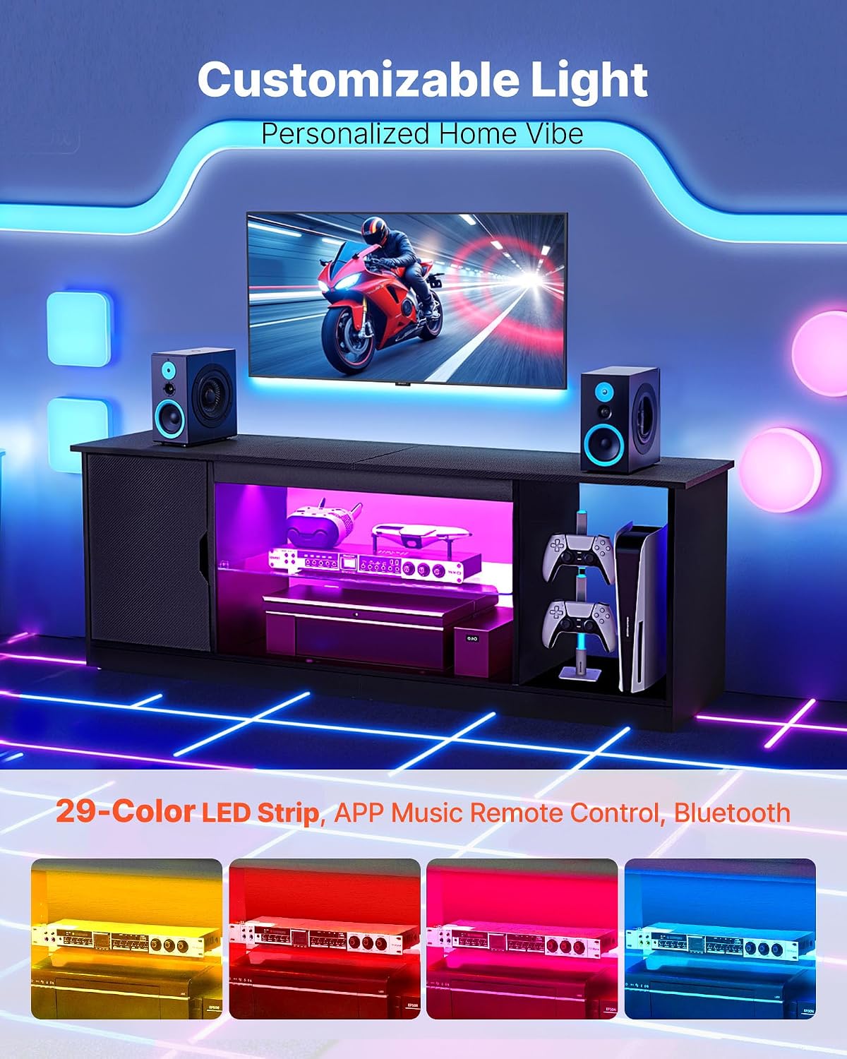 VEVOR Modern TV Stand for 65 inch TVs, LED Entertainment Center with Storage Cabinet for PS5 Xbox Gaming Media Console Table with Adjustable Glass Shelf, Wood TV Cabinet for Living Room Bedroom, Black
