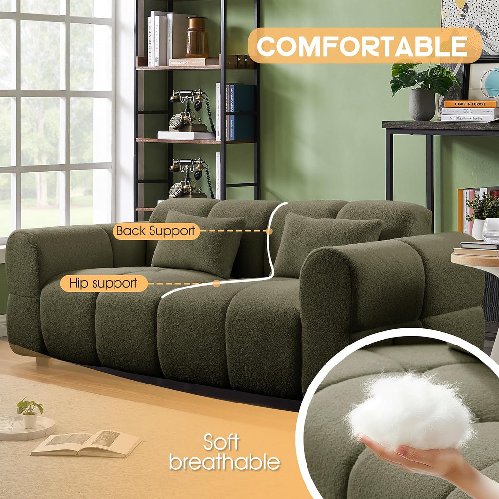 80' Modern Sofa Couch, Comfy Deep Seat Lambswool Cloud Sofa, Upholstered 3-Seater Boucle Couch, Oversized Loveseat for Living Room, Bedroom, Office, Apartment(Green)