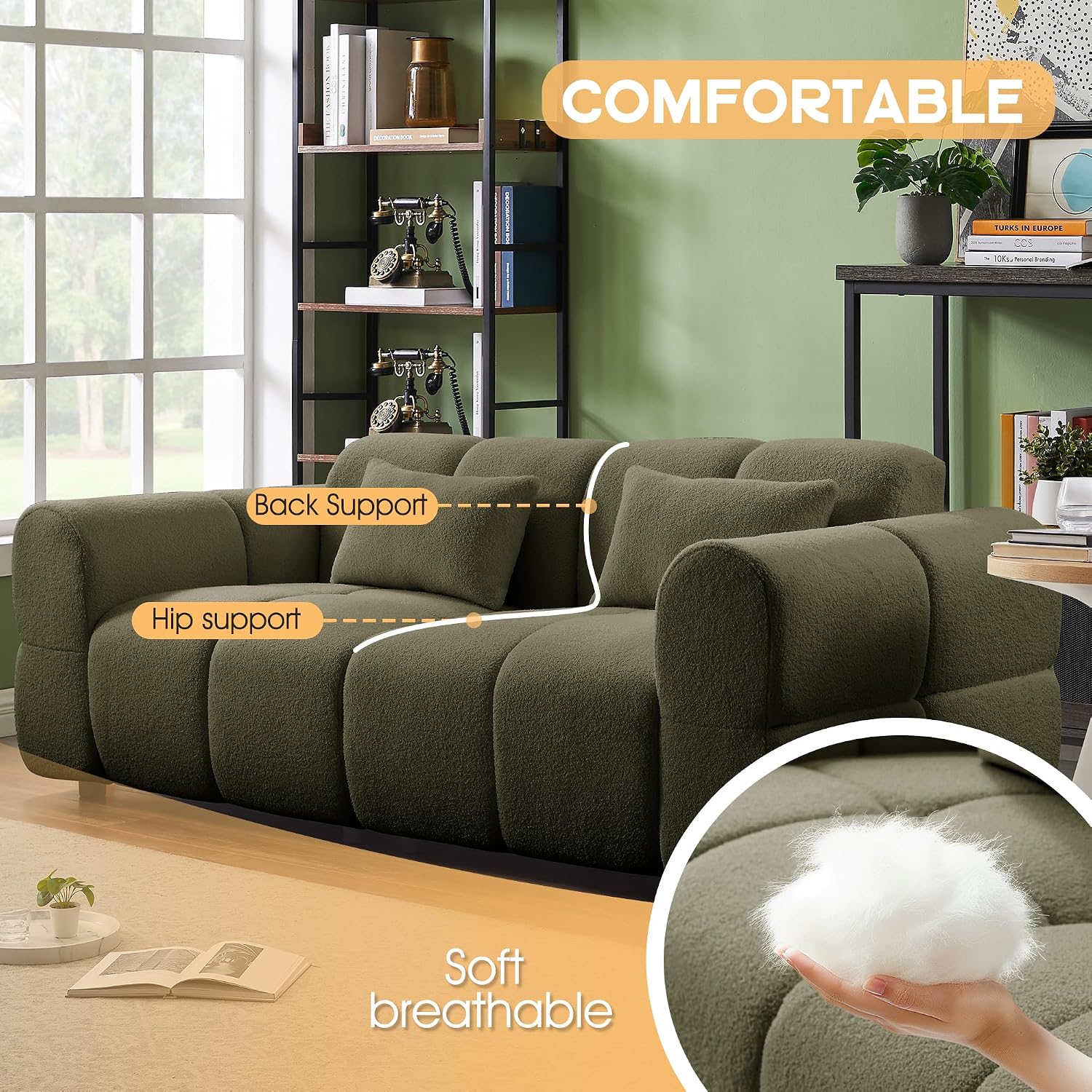 80' Modern Sofa Couch, Comfy Deep Seat Lambswool Cloud Sofa, Upholstered 3-Seater Boucle Couch, Oversized Loveseat for Living Room, Bedroom, Office, Apartment(Green)