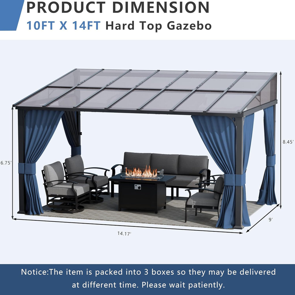 ALAULM 10'x 14' Outdoor Hardtop Pergola,Wall Mounted Lean to Gazebo with Curtains and Netting,Galvanized Metal Frame,Sunshade for Patio, Backyard, Deck and Lawns-Dark Blue