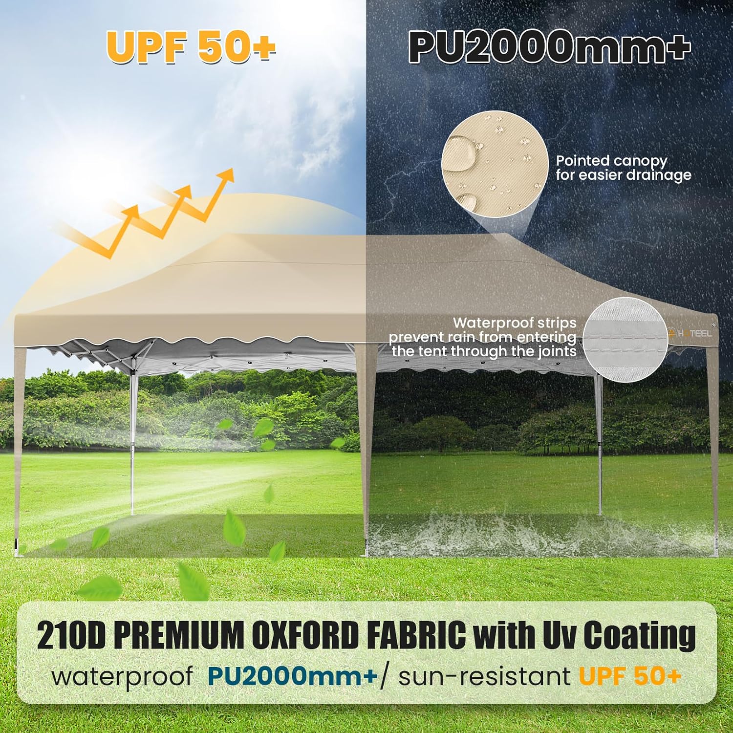 HOTEEL 10×20 Pop Up Canopy, Canopy Tent UV 50+ and Waterproof, Thickened Frame, Large Space Easy Pop Up Canopy, Outdoor Canopy for Weddings, Beaches, Parties, Patio (Khaki)