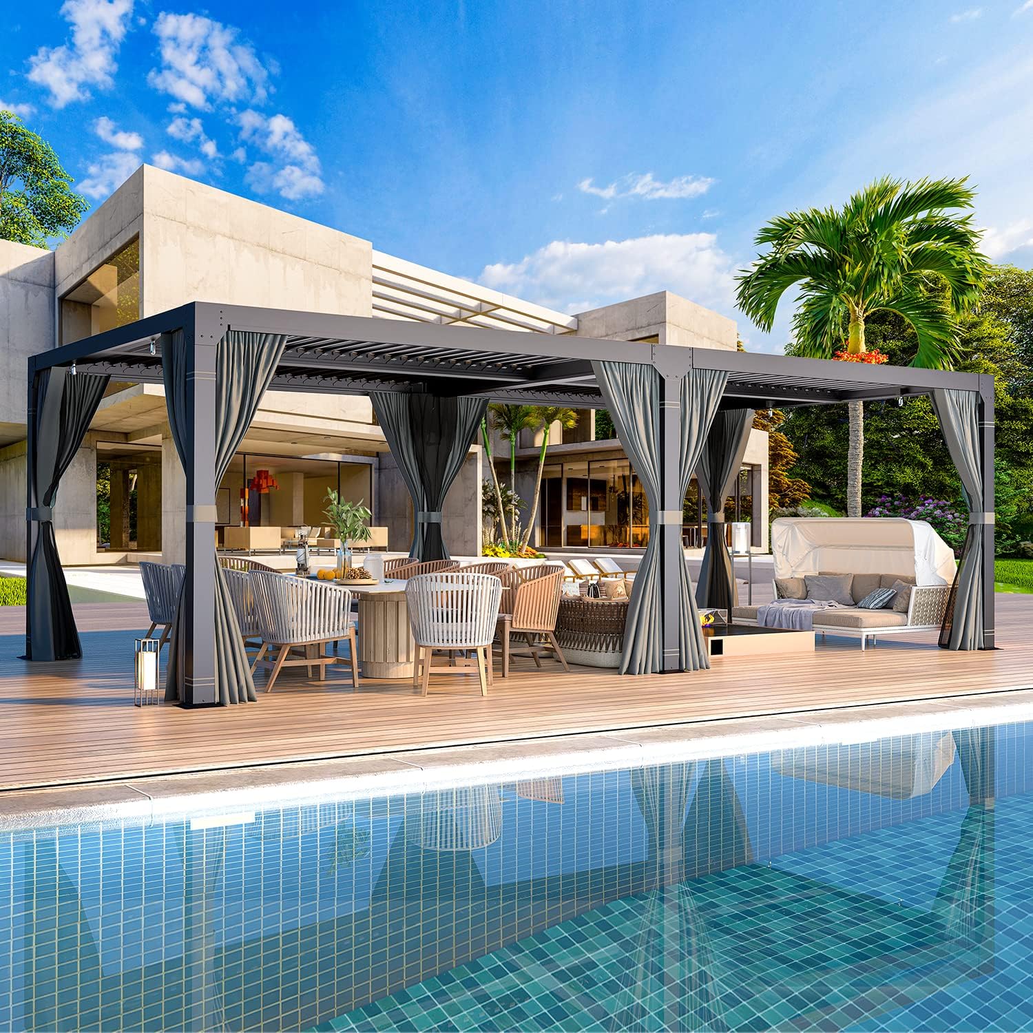 YOLENY Louvered Pergola 12x20, All Aluminum Pergola with Adjustable Rainproof Roof, Outdoor Pergola with Curtains and Nets for Patio & Garden, Dark Grey