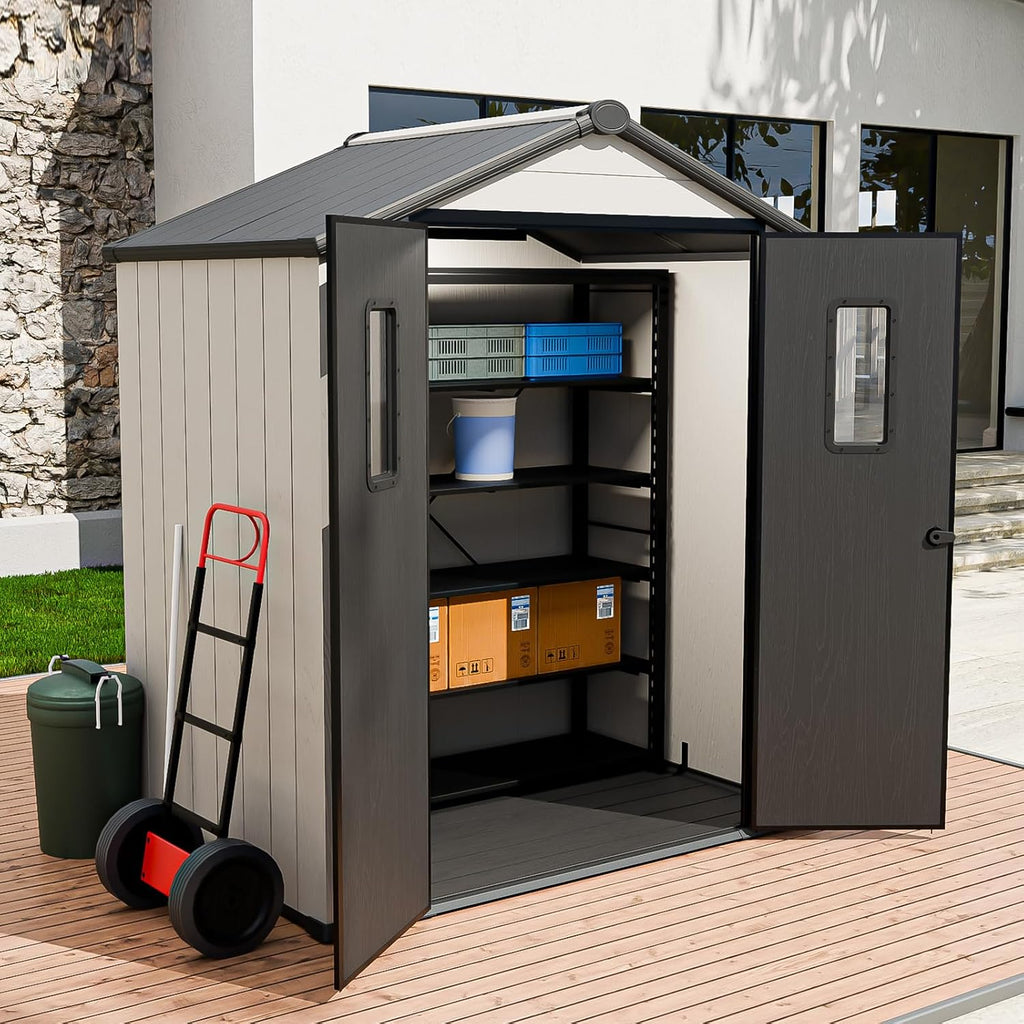 6x4 Outdoor Storage Shed with Floor, Heavy Duty Resin Tool Shed, Weather Resistant Garden Storage Building with Windows, White/Gray