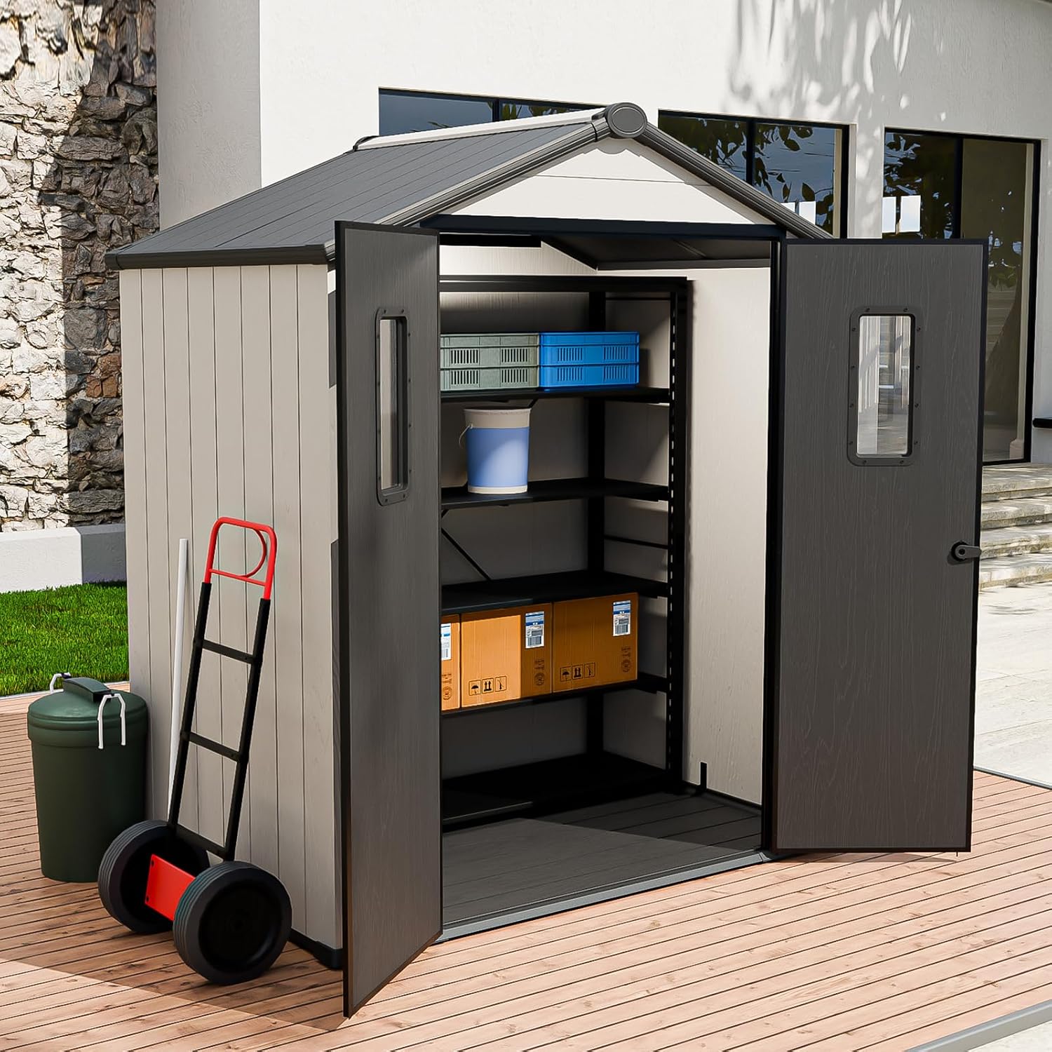 6x4 Outdoor Storage Shed with Floor, Heavy Duty Resin Tool Shed, Weather Resistant Garden Storage Building with Windows, White/Gray