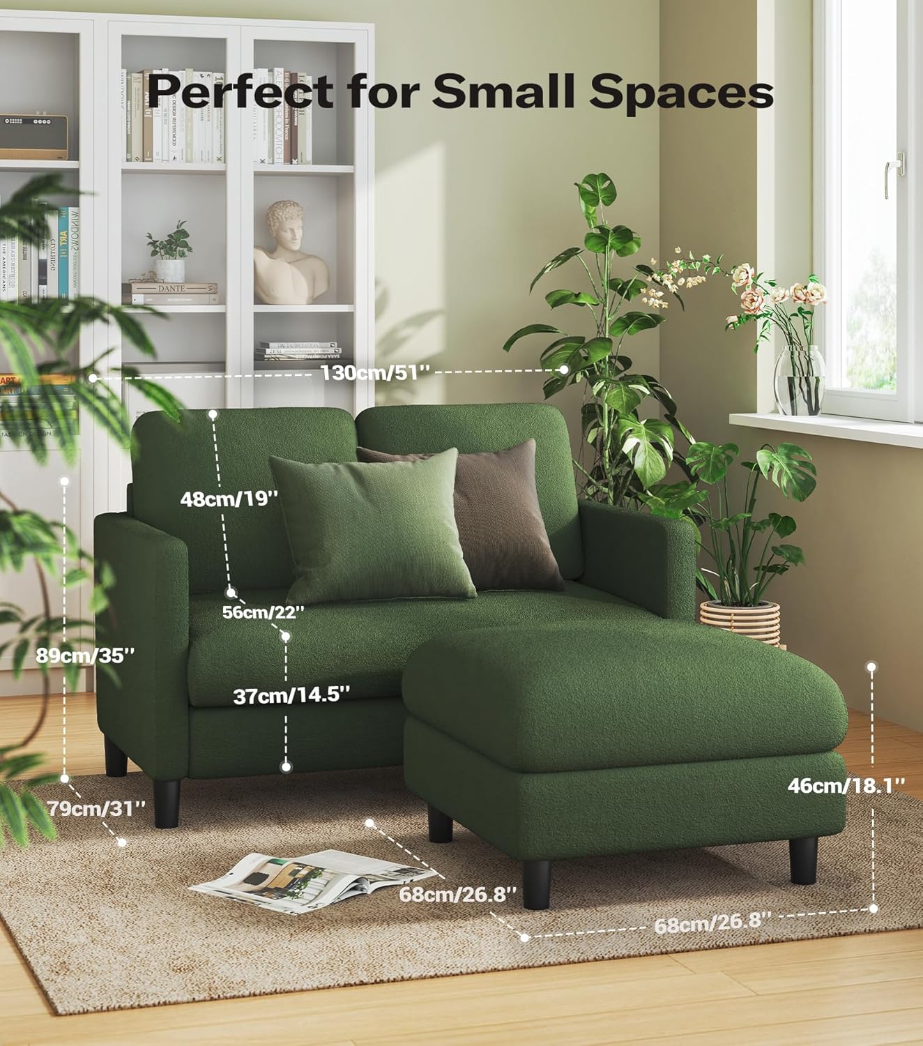 Welzona Loveseat, 51' Small L Shaped Couch, Comfy Teddy Love Seat with Ottoman Set, Tool-Free Setup Loveseat Sofa with Ottoman, All-Wood Small Sofa Couch for Bedroom, Couch for Living Room, Green