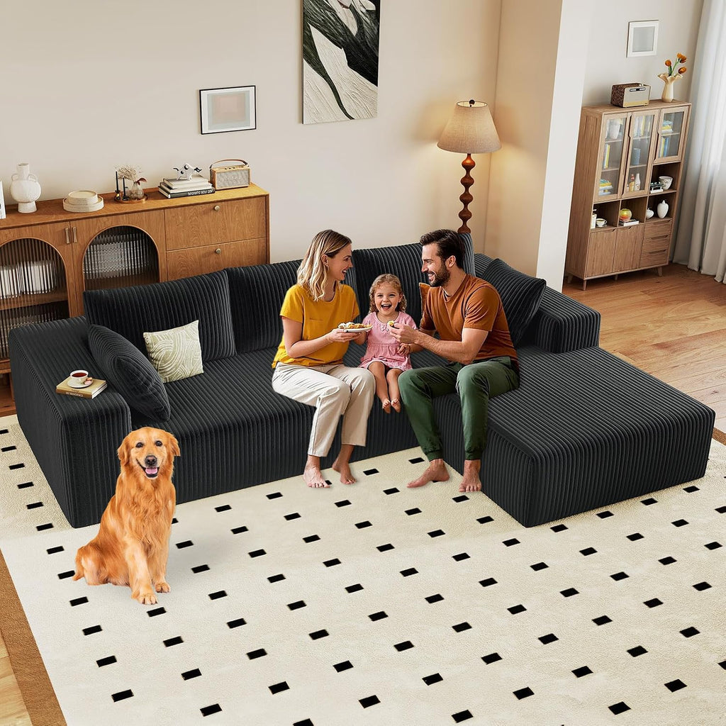 96' Modular Sectional Sofa, Modern Corduroy Cloud Couch with Deep Seat, Boneless Couch Upholstered 3-Seater L-Shaped Sofa for Living Room, No Assembly Required (Black, Right-Facing Chaise)