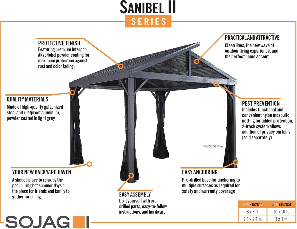 Sojag 10' x 10' Sanibel II Hardtop Gazebo Outdoor Weather-Resistant Aluminum Frame Sun Shelter with Mosquito Netting