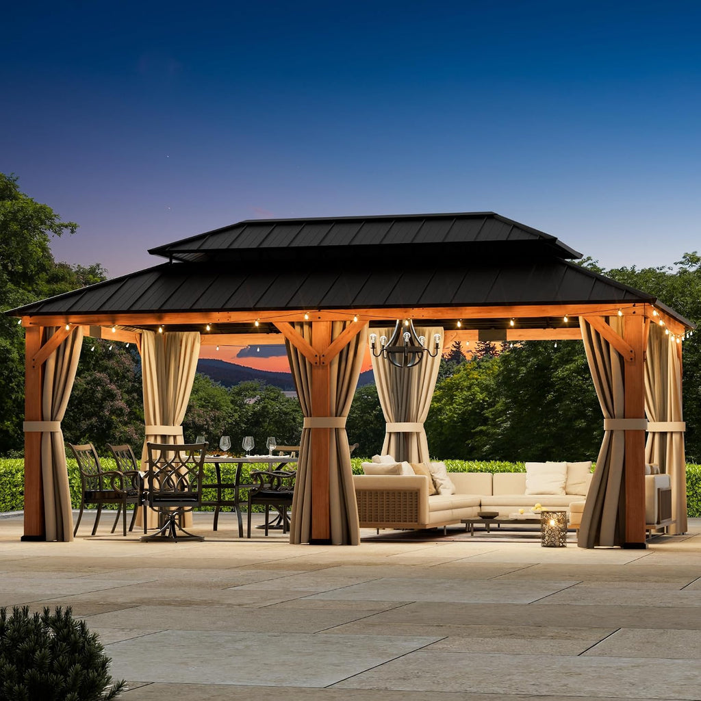 Big Leaf Wood Gazebo 12'x20', Cedar Frame Hardtop Gazebo with Double Galvanized Steel Roof & Grill Shelter, Mosquito Netting and Curtains, Sturdy Hook Design for Outdoor Patio, Deck, Garden