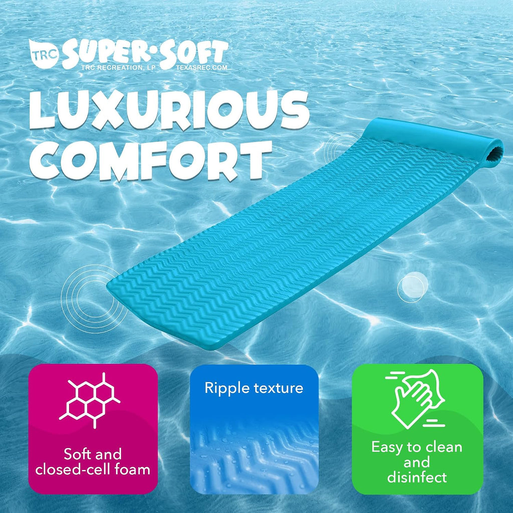 TRC Recreation Serenity 1.5' Thick Vinyl Coated Foam Swimming Pool Float Mat Adult Lounger with Built-in Roll Pillow