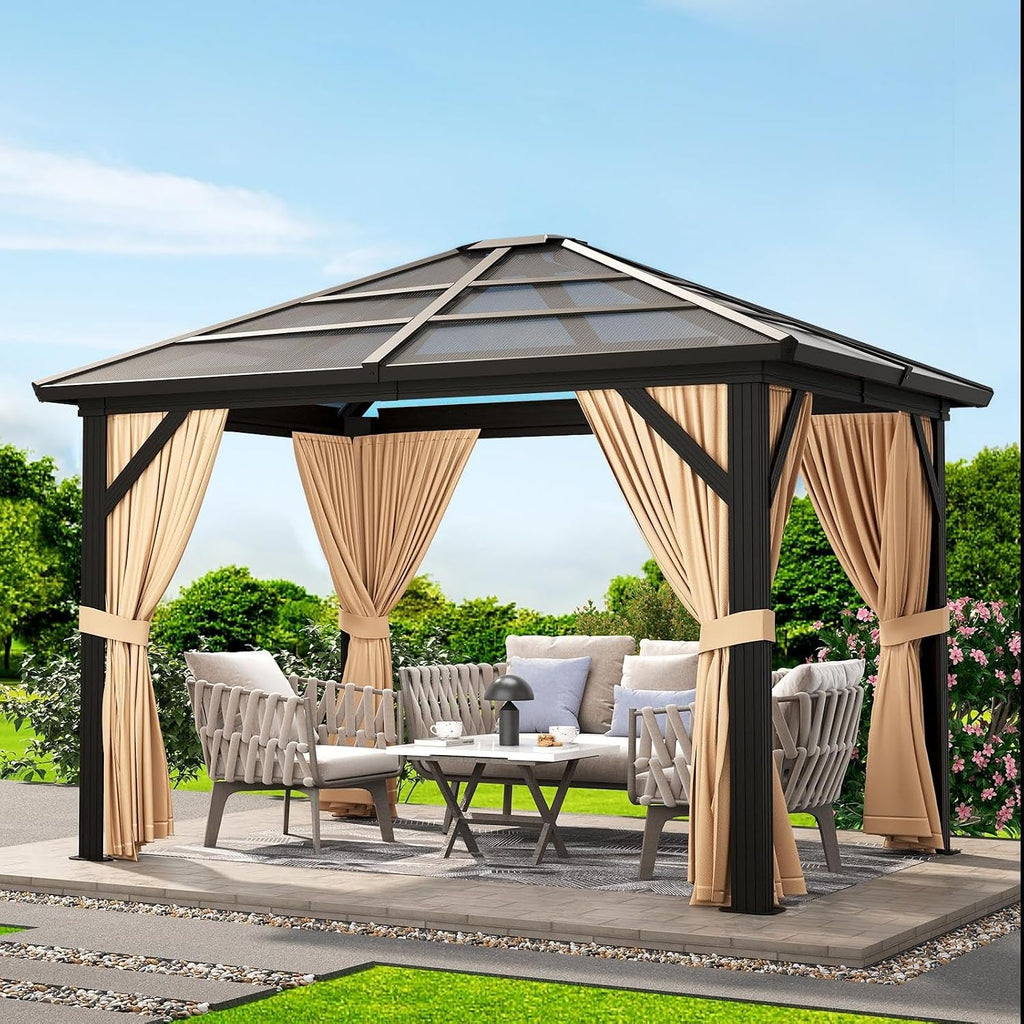 IDEALHOUSE 10' x 12' Hardtop Gazebo,Outdoor Canopy with Aluminum Frame,Polycarbonate Garden Tent with Mosquito Netting and Privacy Screen,Permanent Pavilion for Patio,Backyard,Lawn,Deck