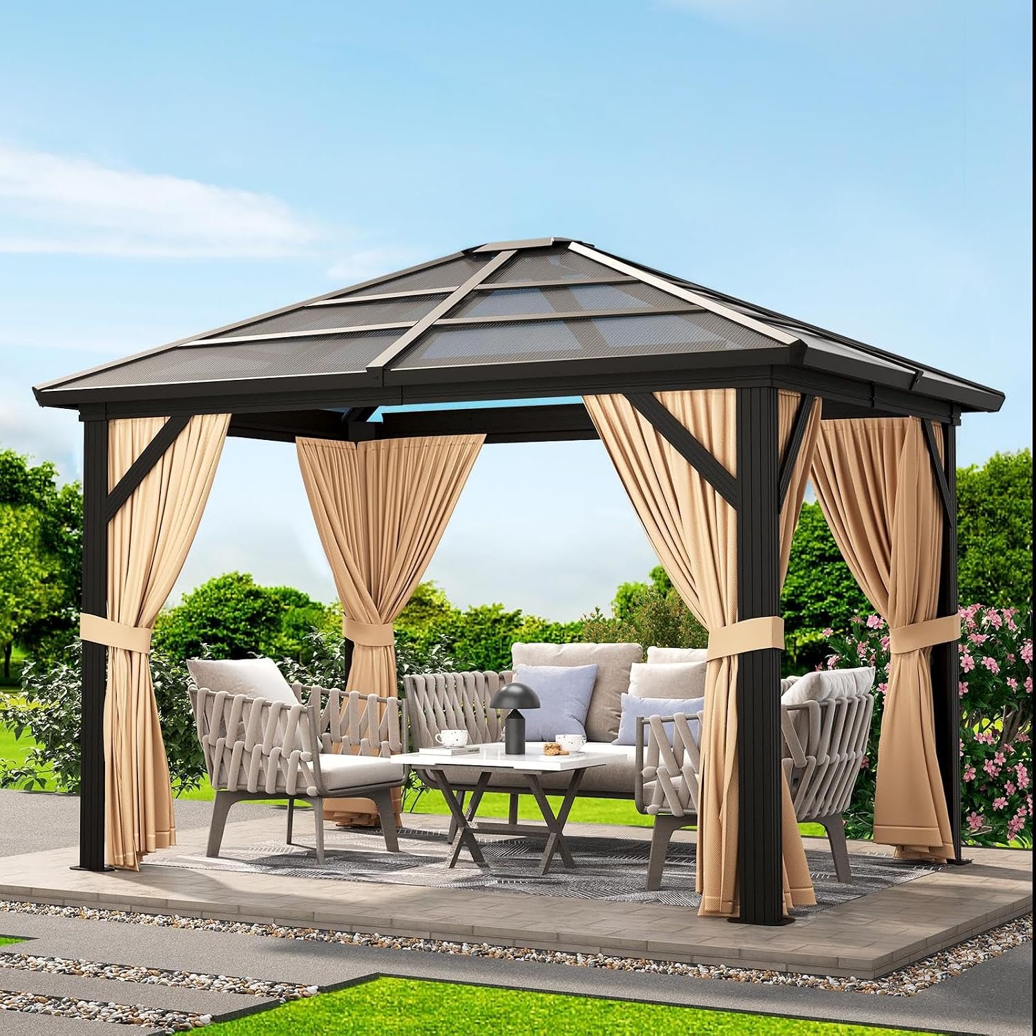 IDEALHOUSE 10' x 12' Hardtop Gazebo,Outdoor Canopy with Aluminum Frame,Polycarbonate Garden Tent with Mosquito Netting and Privacy Screen,Permanent Pavilion for Patio,Backyard,Lawn,Deck
