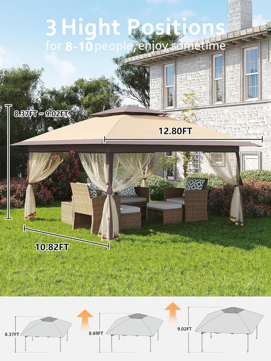 13x13ft Pop-Up Gazebo, Outdoor Canopy Tent With Mosquito Netting, Heavy Duty Party Tent Shelter With Waterproof and Ultraviolet Double Roof for Backyard, Garden, Lawn and Deck (Khaki)