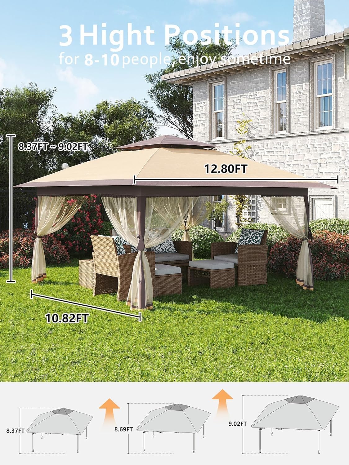 13x13ft Pop-Up Gazebo, Outdoor Canopy Tent With Mosquito Netting, Heavy Duty Party Tent Shelter With Waterproof and Ultraviolet Double Roof for Backyard, Garden, Lawn and Deck (Khaki)