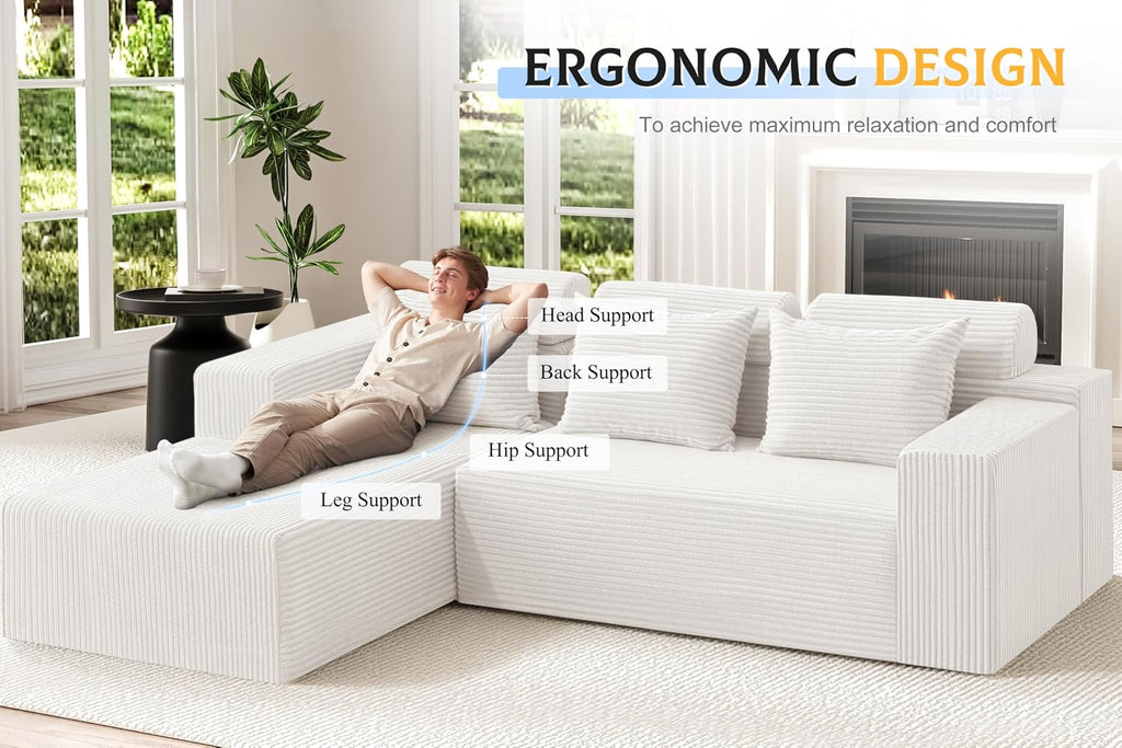 Homguava Modular Sectional Couches for Living Room,105' Cloud Couch with L-Shape Chaise,Comfy Sofa Living Room Sofas with Deep Seat,No Assembly L Couch,Corduroy Fabric(Beige,L)