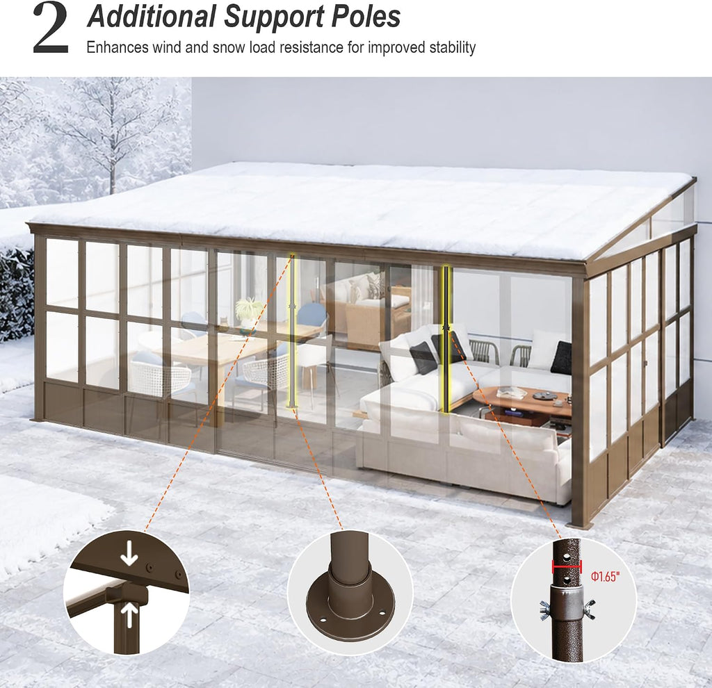 Domi 12x20FT Sunroom, Wall Mounted Sunroom with Polycarbonate Sloping Roof, Outdoor Sunroom Gazebo with Detachable PC Screen, 3 Sliding Double Doors, Lean to Sun Room for Patio, Deck
