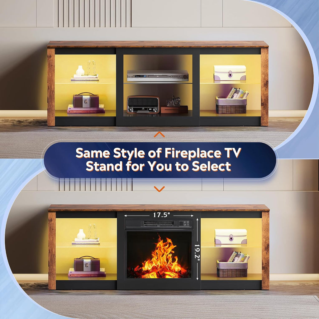 WLIVE Modern LED TV Stand for 65 70 Inch TV, 58' Entertainment Center with Adjustable Glass Shelves & RGB Lights, Wood Media Console Table for Living Room, Bedroom, Gaming Room, Rustic Brown