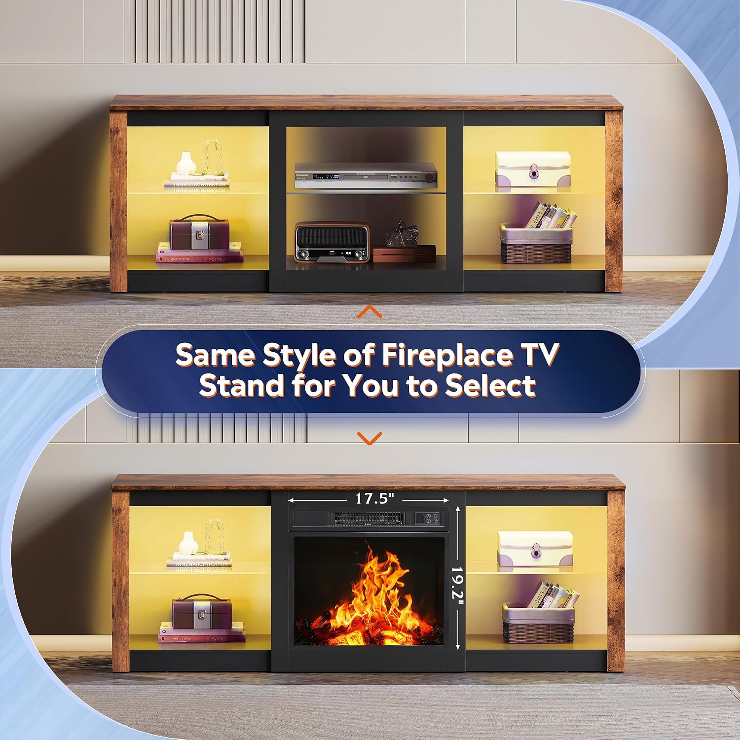 WLIVE Modern LED TV Stand for 65 70 Inch TV, 58' Entertainment Center with Adjustable Glass Shelves & RGB Lights, Wood Media Console Table for Living Room, Bedroom, Gaming Room, Rustic Brown