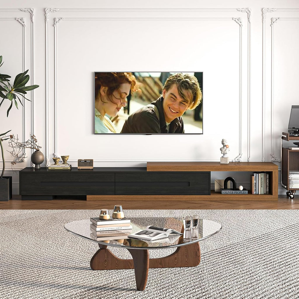 Extendable TV Stand with 2 Drawers, 80'-115' Modern Wood TV Console for Up to 120 Inch TV, Long Reversible Entertainment Center with Storage for Living Room Bedroom, Black& Walnut