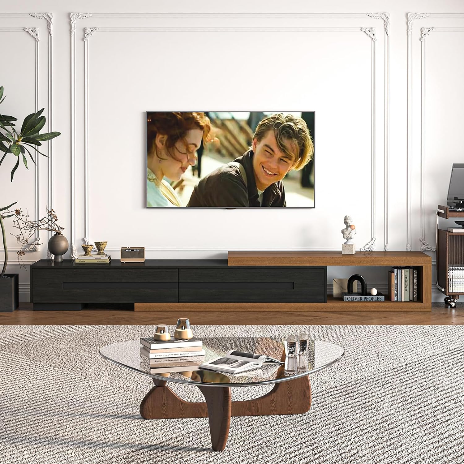 Extendable TV Stand with 2 Drawers, 80'-115' Modern Wood TV Console for Up to 120 Inch TV, Long Reversible Entertainment Center with Storage for Living Room Bedroom, Black& Walnut