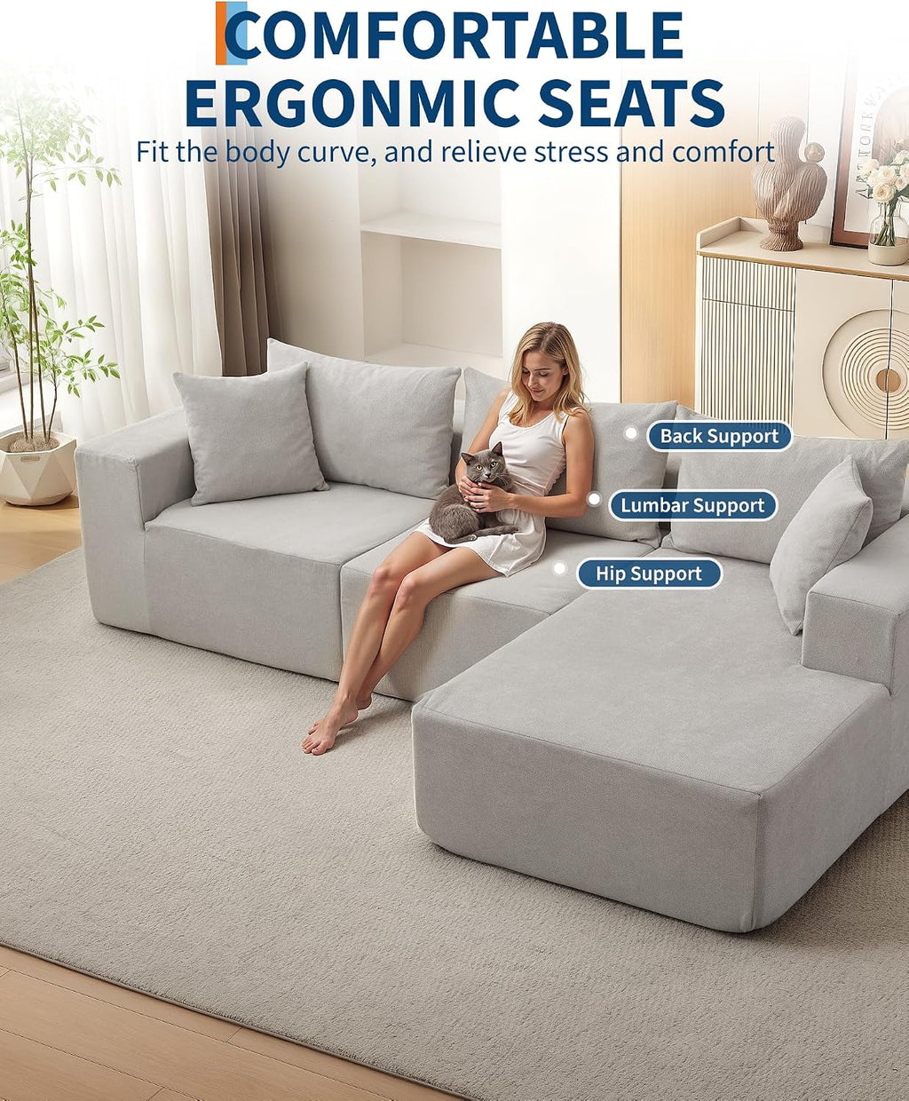 Garvee 108' Modular Sectional Sofa,Cloud Couch Sectional with Right Chaise | Fluffy Compressed l Shaped Sofa for Living Room | Boneless Couch & Sofa Bed Design,No Assembly Required, Beige
