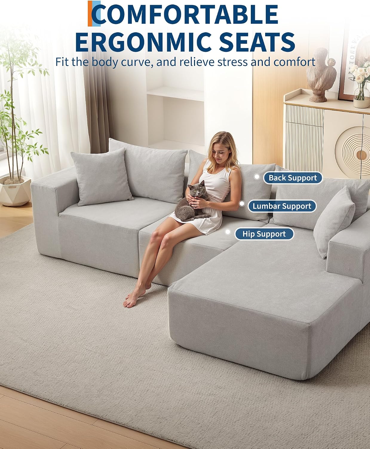 Garvee 108' Modular Sectional Sofa,Cloud Couch Sectional with Right Chaise | Fluffy Compressed l Shaped Sofa for Living Room | Boneless Couch & Sofa Bed Design,No Assembly Required, Beige