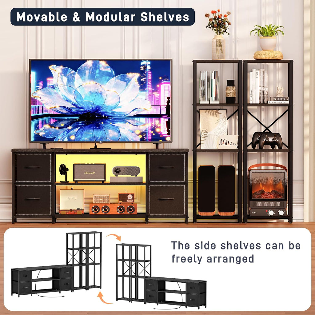 Yenlure LED TV Stand Bookshelf Combo with Charging Station for 65 60 55 Inch TV, Entertainment Center with Lights & Drawers, Industrial Media TV Console Table for Living Room Bedroom Office, Black