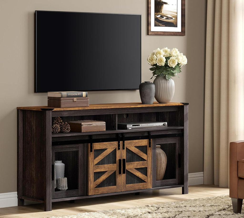 WAMPAT Farmhouse Entertainment Center for 65 Inch TVs, 59' Barn Door TV Stand with Sliding Barn Doors & Mesh Accents, Adjustable Farmhouse TV Stand with Storage for Living Room, Dark Walnut and Black