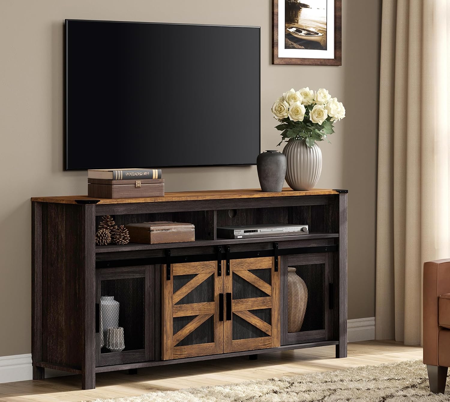 WAMPAT Farmhouse Entertainment Center for 65 Inch TVs, 59' Barn Door TV Stand with Sliding Barn Doors & Mesh Accents, Adjustable Farmhouse TV Stand with Storage for Living Room, Dark Walnut and Black