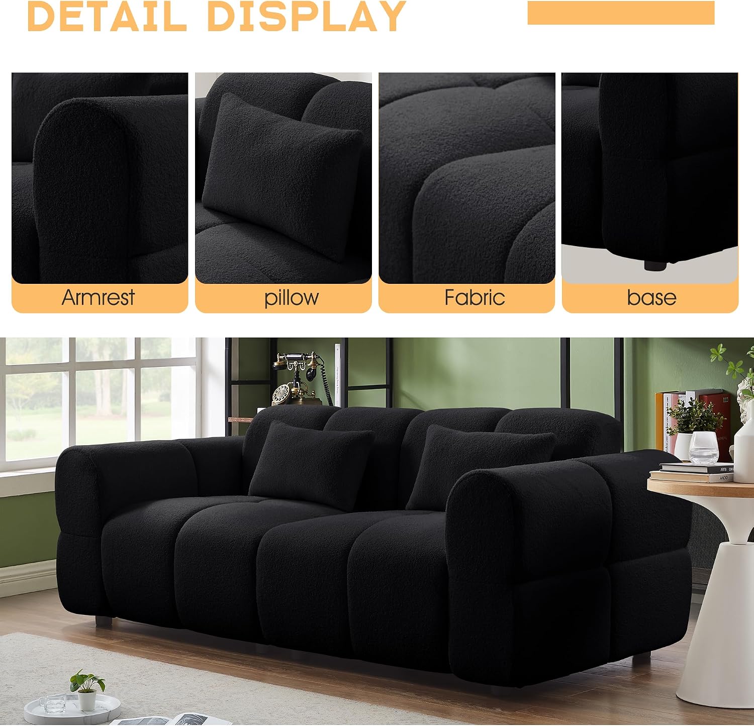 80' Modern Sofa Couch, Comfy Deep Seat Lambswool Cloud Sofa, Upholstered 3-Seater Boucle Couch, Oversized Loveseat for Living Room, Bedroom, Office, Apartment(Black)
