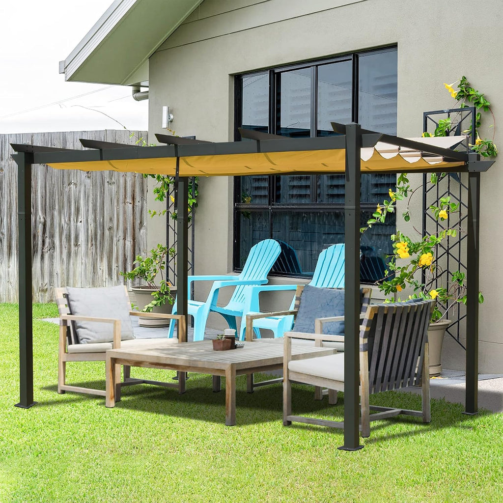 Domi Outdoor Living 9' x 13' Outdoor Retractable Pergola Against The Wall with Weather-Resistant Canopy Aluminum Garden Pergola Patio Grill Gazebo for Courtyard(Beige Canopy)
