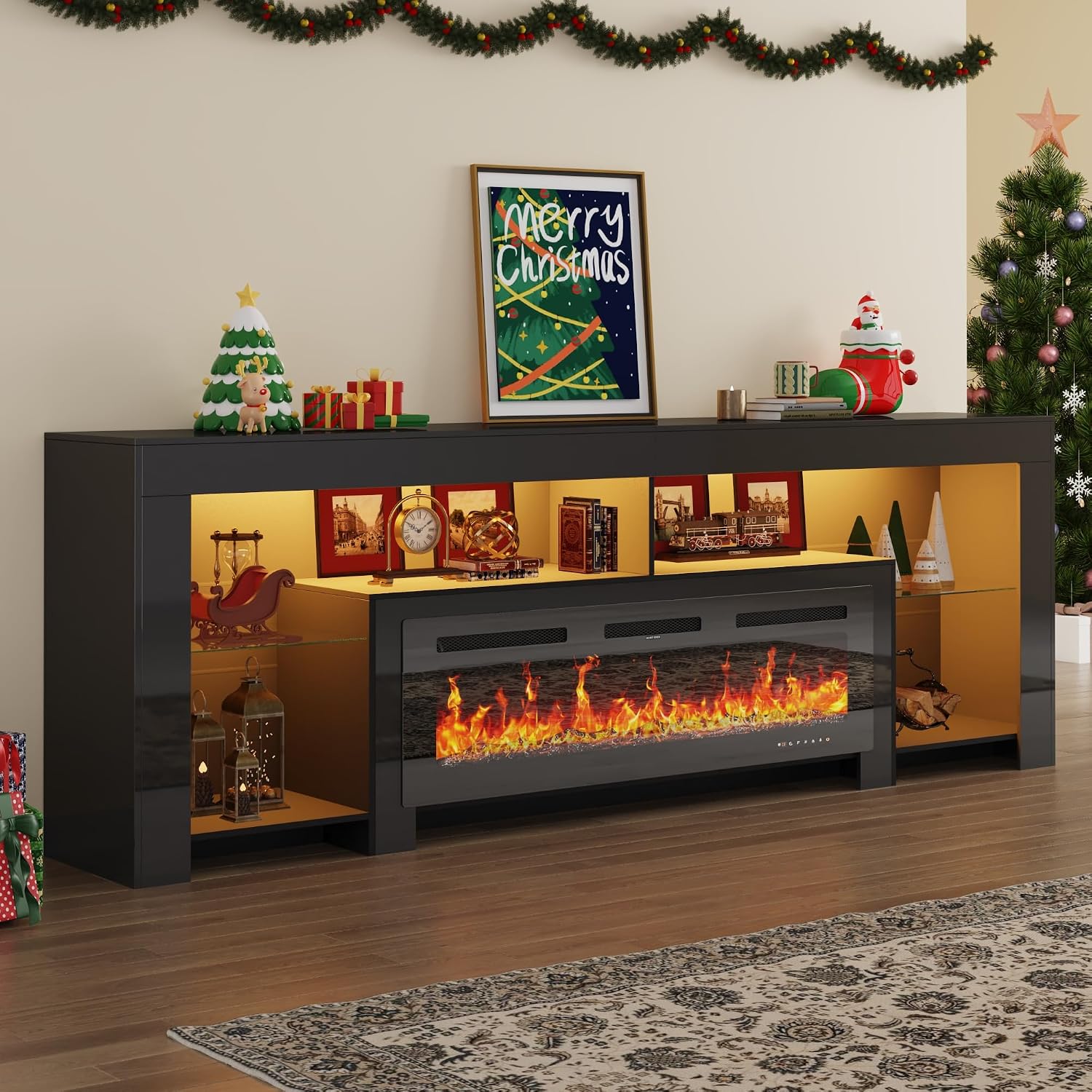 94.5' Extra Long Fireplace TV Stand with 50' Electric Insert, Modern High Gloss Entertainment Center for Up to 100' TVs, Media Console with Color-Changing LED Lights & Storage, Black