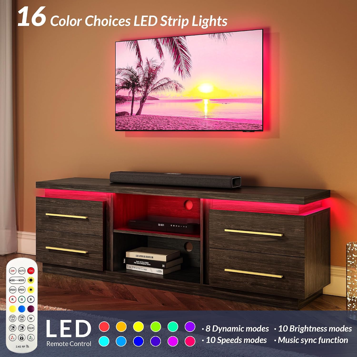 BELLEZE 66' TV Stand for TVs Up to 75', Entertainment Center with Music Sync LED Lights, Media Console Table Storage Cabinet with Open Shelves & Drawers for Living Room, Bedroom - Hawthorn (Brown)