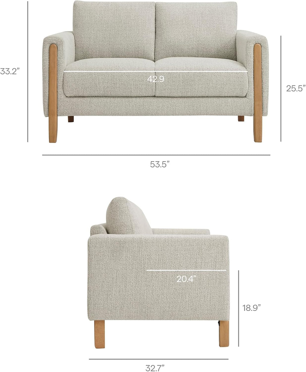 Modway Hawken 54 Inch Boucle Loveseat in Parchment Beech with Wood Legs – Mid-Century Modern Small Space 2-Seater Sofa for Living Room, Bedroom, or Office Lounge