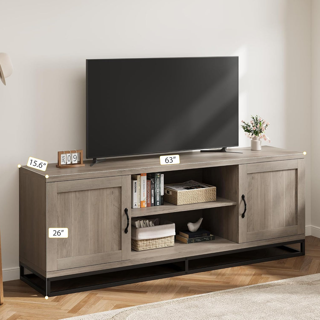 IDEALHOUSE Farmhouse TV Stand for Living Room, Entertainment Center with 2-Tier Adjustable Shelves & Metal Leg, Wooden TV & Media Console Table for 75 Inch with Storage Compartments, Gray