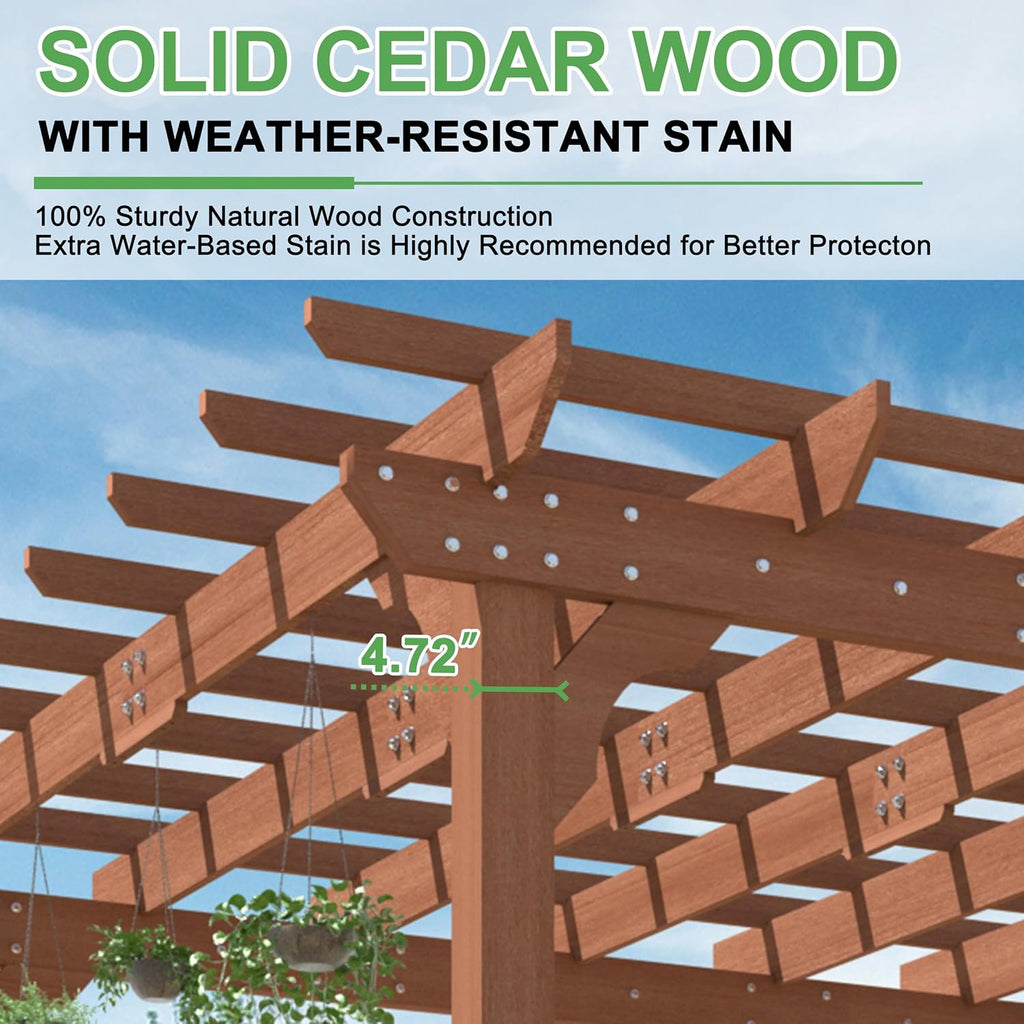 Yardenaler 12x12 FT Wooden Pergola, Cedar Wood Gazebo with Flat Roof, Outdoor Garden Shelter with Stakes Included, Patio, Deck, Backyard, Lawn