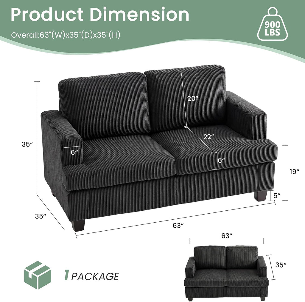 YOUDENOVA 2 Piece Set Comfy Sofa Couch, Loveseat Sofa * 2 with Deep Seats, Modern Sleeper Couch for Living Room, Black Corduroy