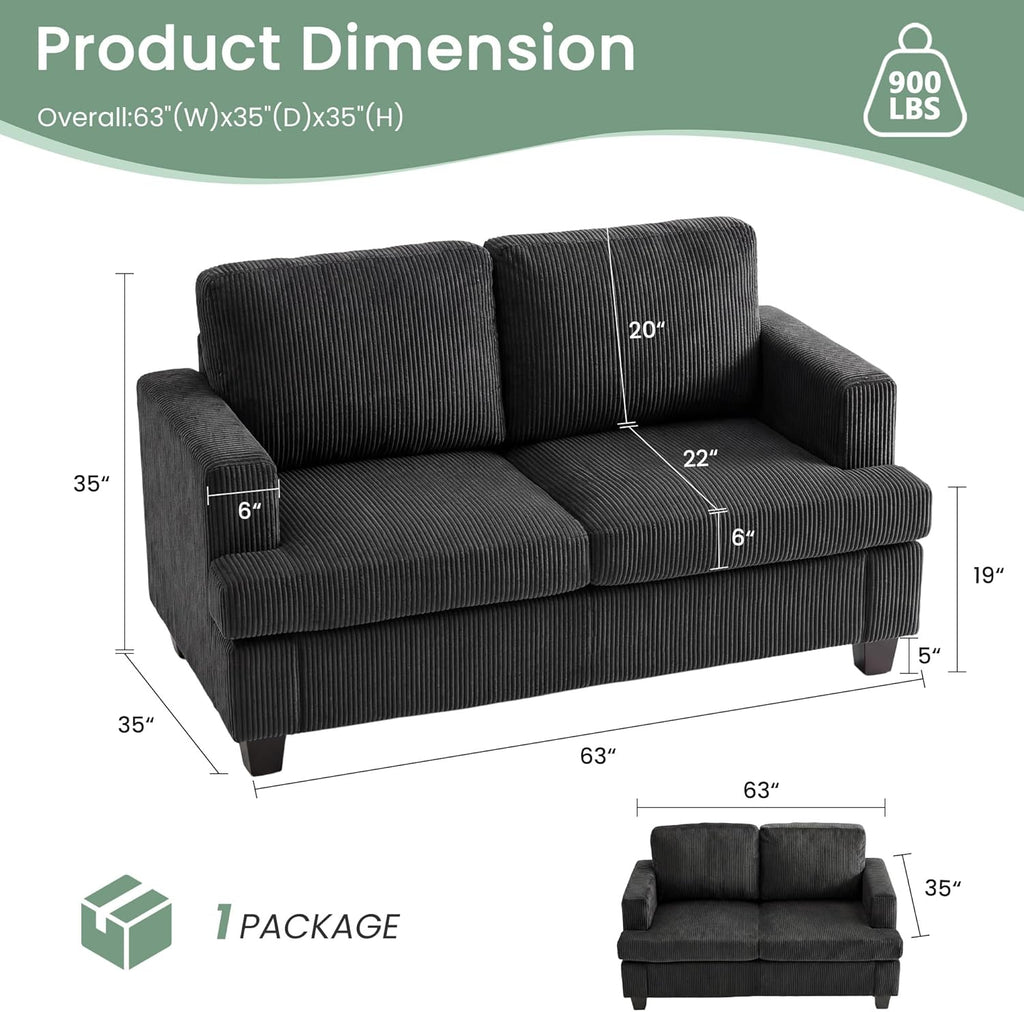 YOUDENOVA 3 Pieces Corduroy Couch Set for Living Room, 8 Seats Cloud Sofa, Deep Seat Floor Couch for Bedroom, Futon Modern Sofa Sectional Bed, Black Corduroy