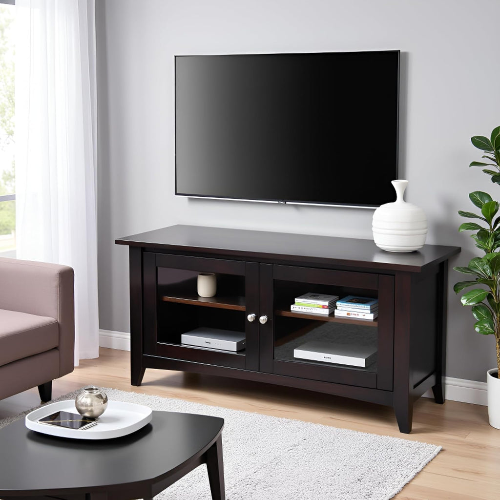 Shaker Cottage 36-Inch TV Stand – Media Console with Glass Cabinet, Adjustable Shelf, & Cord Management – Entertainment Center for Living Room or Bedroom by Alaterre Furniture (Espresso)