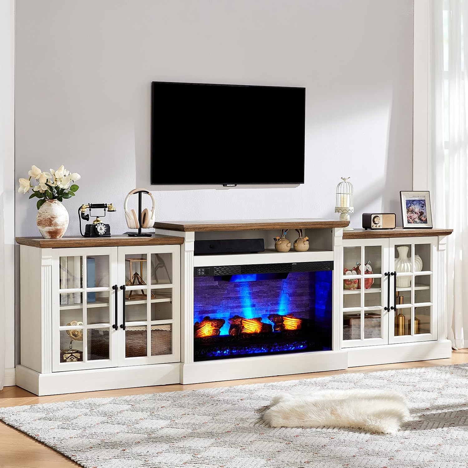 AMERLIFE 97' Farmhouse Fireplace TV Stand, Entertainment Center with Large Storage Space and Adjustable Shelf, Media Console for Living Room, White/Barnwood