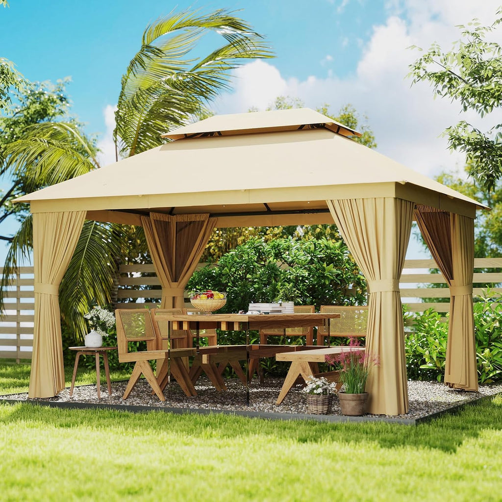 10' x 13' Khaki Large Pillar Double Roof Fabric Top Gazebo, Outdoor Patio Canopy with Curtains for Backyard, Garden, Lawn, and Events