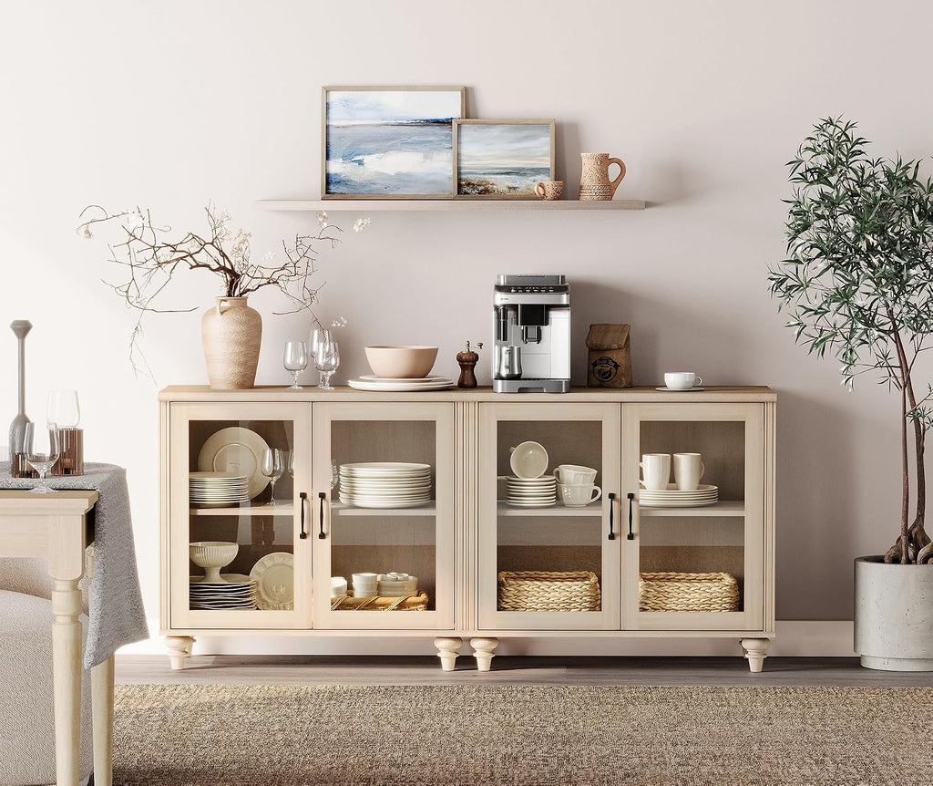 WAMPAT Farmhouse TV Stand for 75 inch TV with 4 Glass Doors, Wood Universal TV Stand with 4 Storage Cabinets, Beige Entertainment Center TV Console Table for Living Room, Bedroom