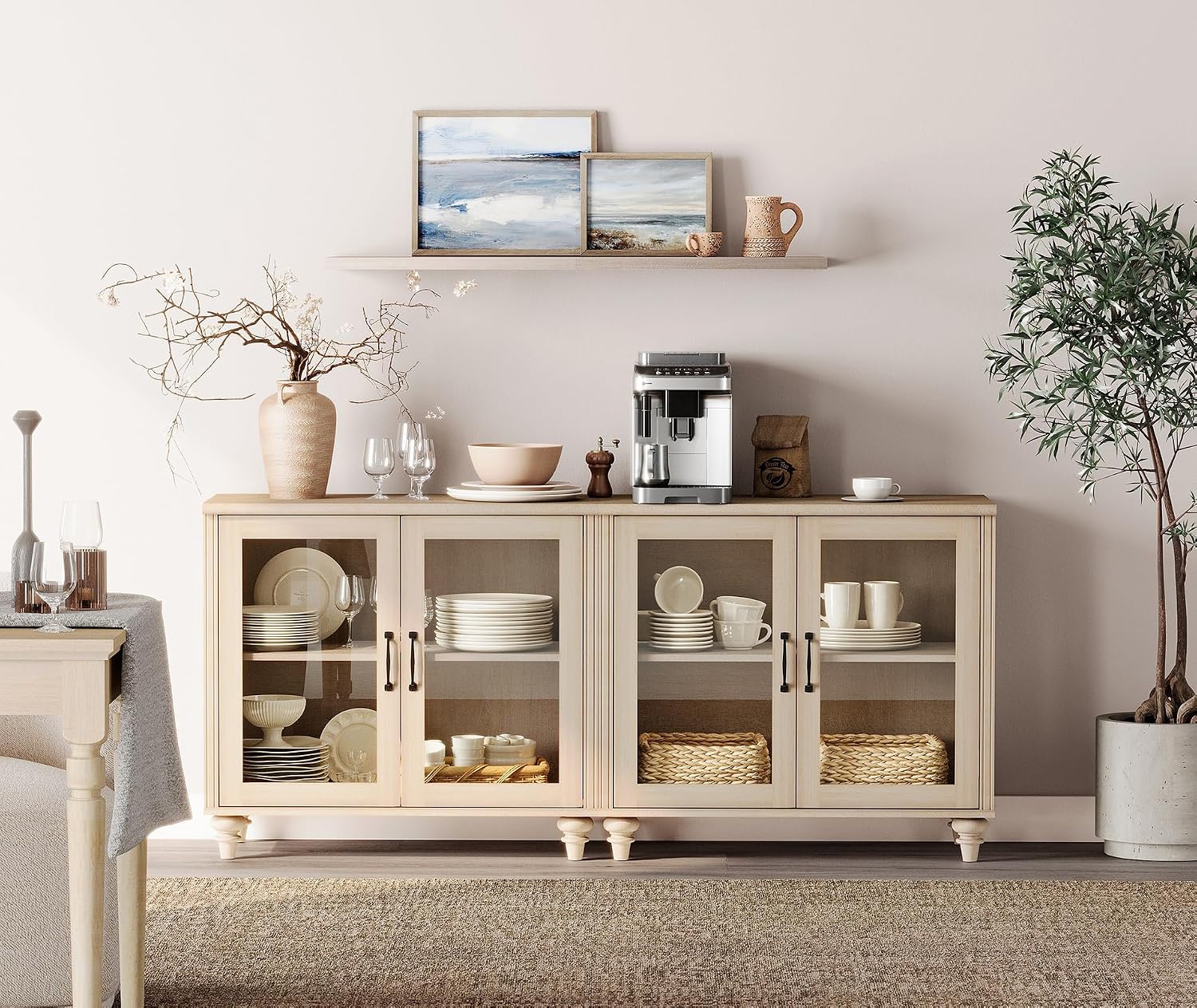 WAMPAT Farmhouse TV Stand for 75 inch TV with 4 Glass Doors, Wood Universal TV Stand with 4 Storage Cabinets, Beige Entertainment Center TV Console Table for Living Room, Bedroom