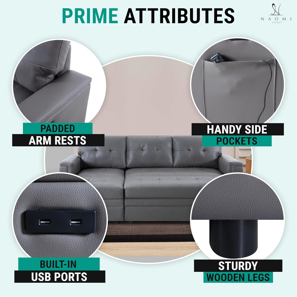 Naomi Home L-Shaped Sectional Sleeper Sofa with USB Ports - Convertible Pull-Out Bed, Ample Storage, Timeless Design, Durable Construction Gray/Air Leather
