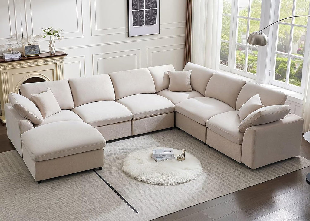 Siiejia Modular Sectional Sofa Modern Oversized Chenille Cloud Couch with Movable Ottoman 7 Seater L-Shaped Sofas Comfy Couches for Living Room Spacious Space Office Lounge, Beige