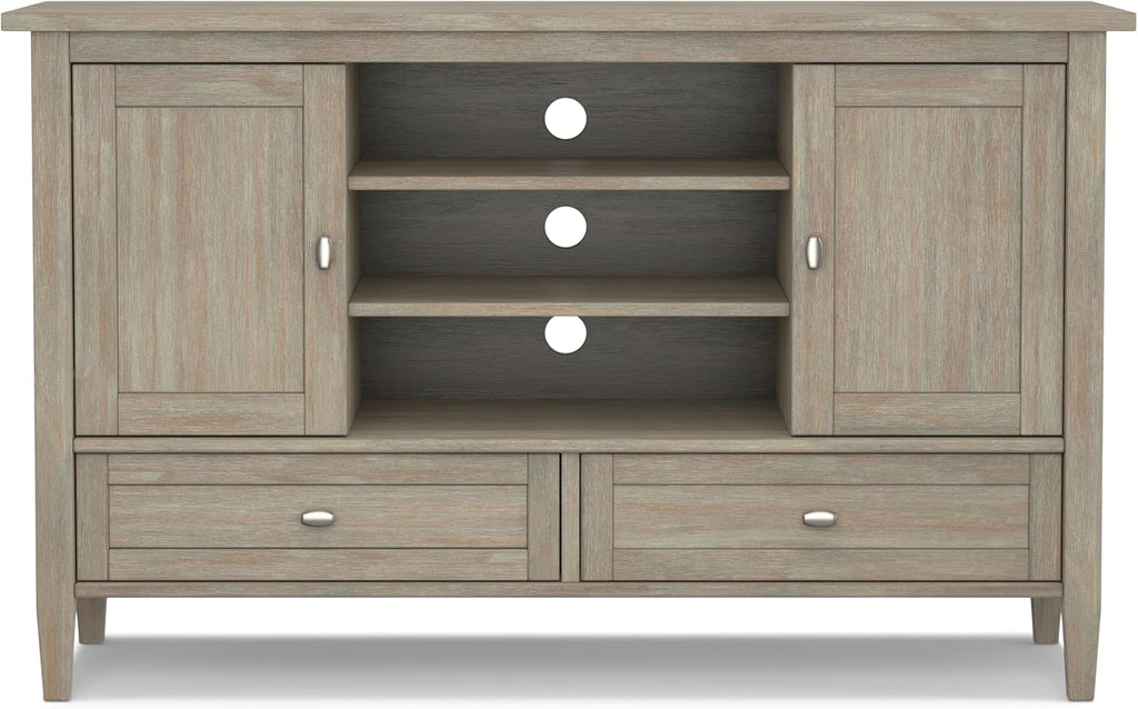 SIMPLIHOME Warm Shaker TV Stand - 47 inch Wide Solid Wood Media Console in Distressed Grey, Transitional Entertainment Center for TVs up to 50 Inches with 2 Cabinets, 2 Drawers, and Cord Management