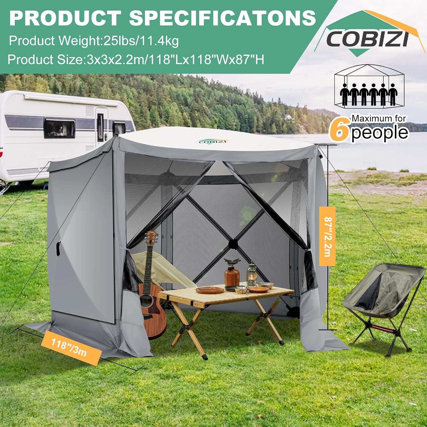 COBIZI 10x10 FT Pop up Gazebo, Popup Canopy Tent, Screened in Gazebos with sidewalls, Waterproof Portable Outdoor Small Screen Tents Sun Shelter,carpas para Patio for Camping, Garden,Backyard,Grey