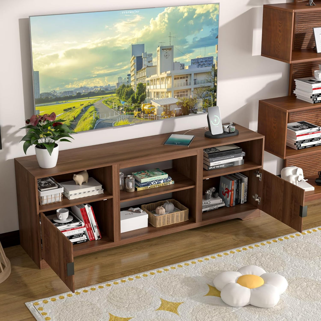 Fluted TV Stand for Tvs up to 80',Mid Century Modern TV Stand with Open Adjustable Shelf,Entertainment Center Wood TV Media Console with Cord Holes for Living Room Furniture Bedroom,Walnut