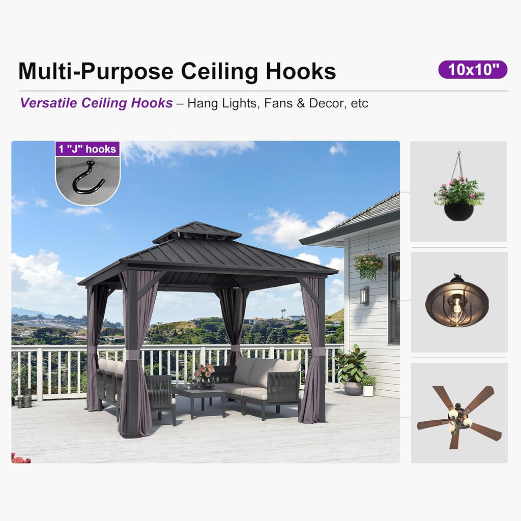 PURPLE LEAF 10'x10' Hardtop Gazebo with Lights Aluminum Double Roof Galvanized Steel Outdoor Patio Gazebo with Included Netting and Curtains for Backyard Garden Grey
