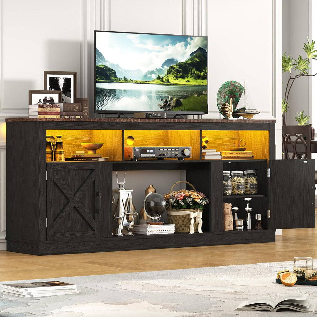 jiteentarou Farmhouse TV Stand for 70/75/80 Inch TV, 32'Tall Entertainment Center w/LED Light, Large Media Console Cabinet w/Barn Doors & Adjustable Shelves for Living Room, Black
